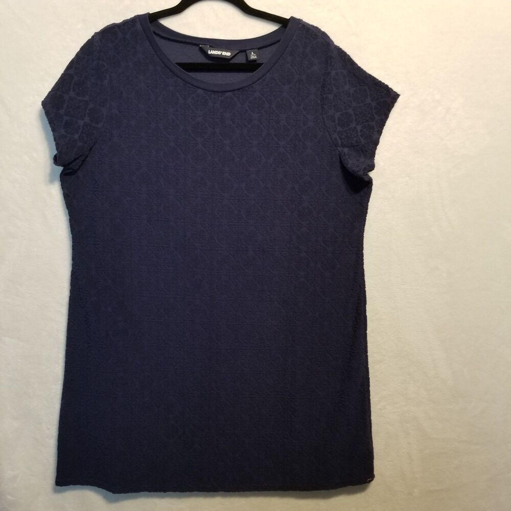 Lands End L Dress Navy Blue Terrycloth Jacquard Textured Cover Up Beach Resort